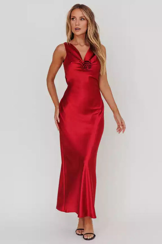 Gorgeous satin extra long backless detachable rose knot invisible side zipper Prom Dresses