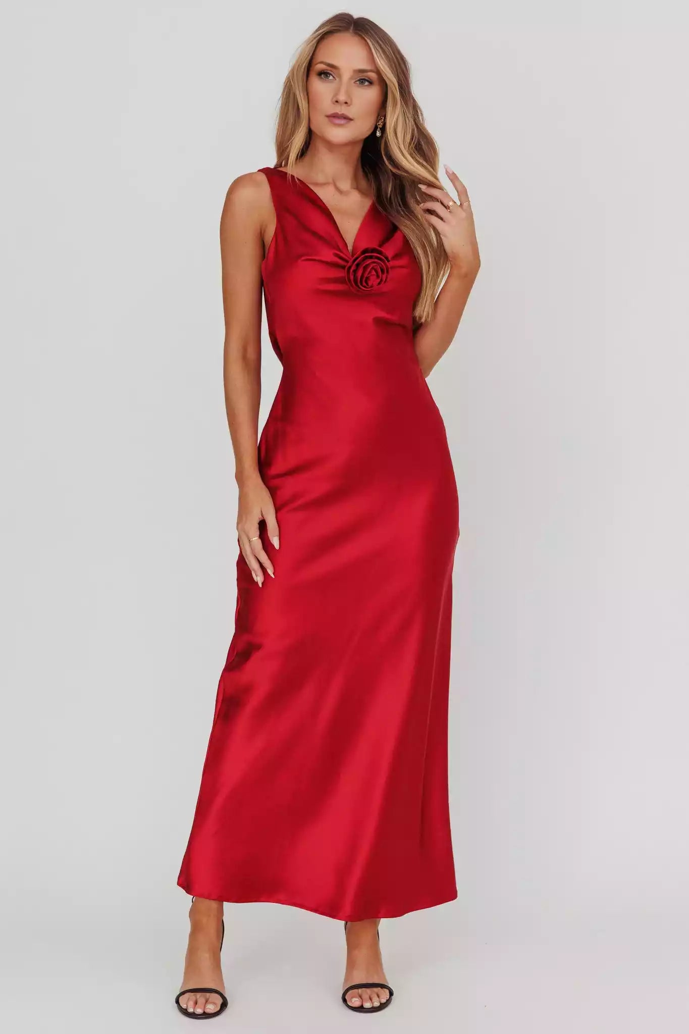 Gorgeous satin extra long backless detachable rose knot invisible side zipper Prom Dresses