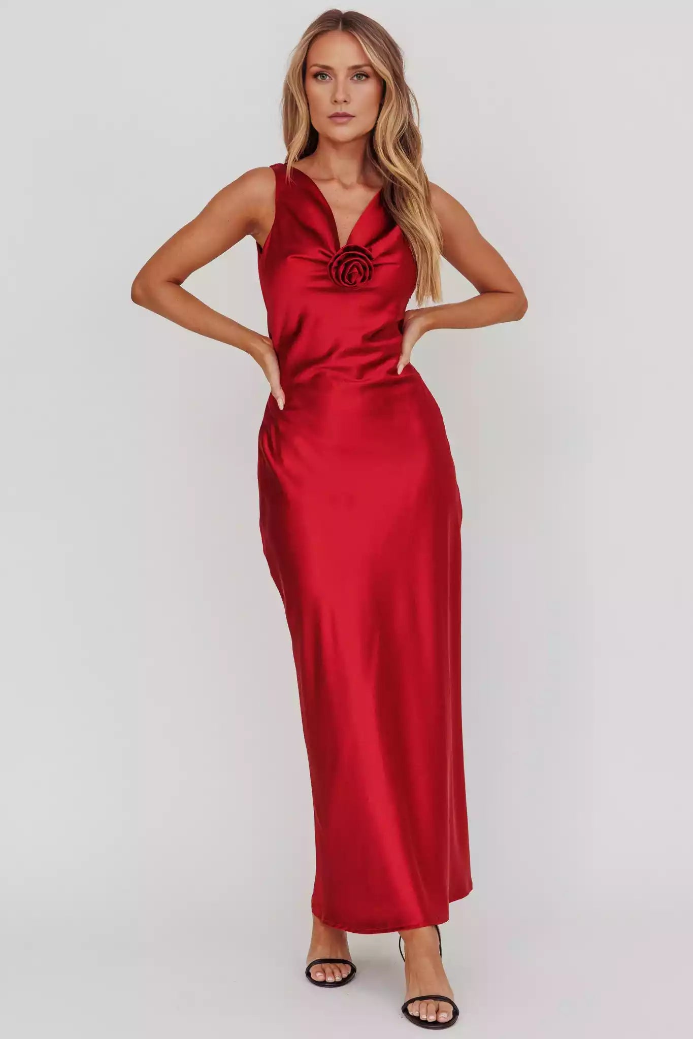 Gorgeous satin extra long backless detachable rose knot invisible side zipper Prom Dresses