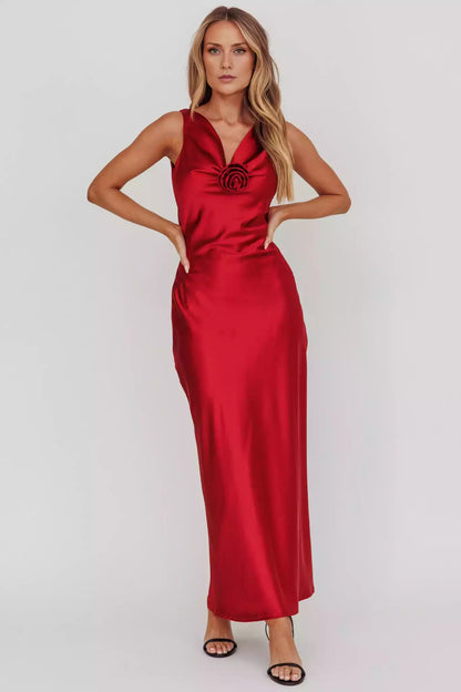 Gorgeous satin extra long backless detachable rose knot invisible side zipper Prom Dresses