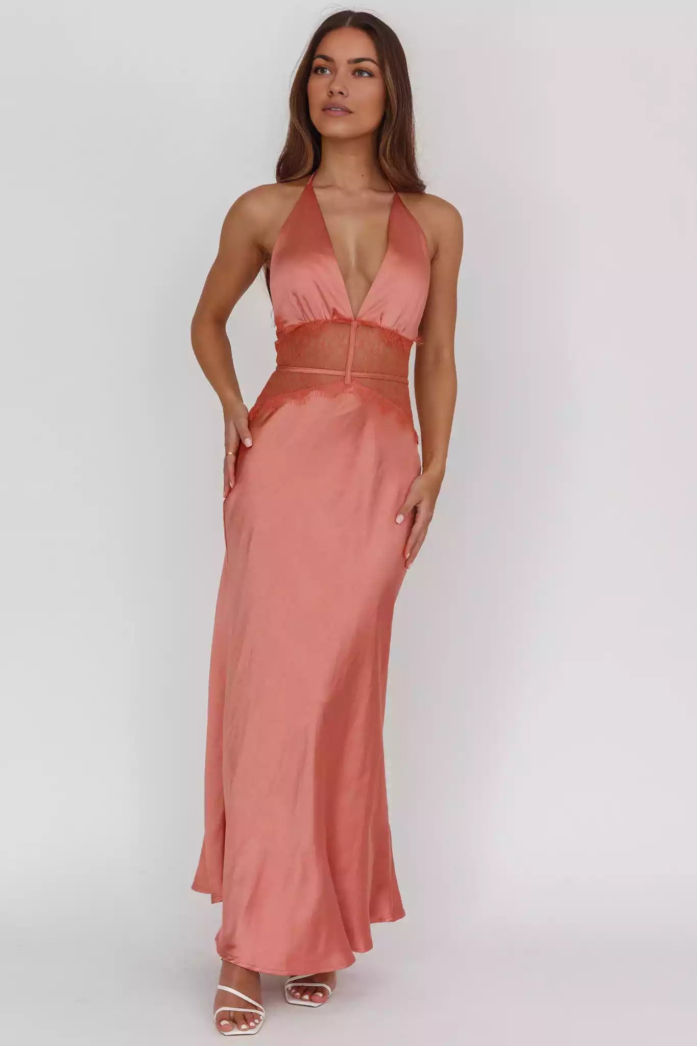 Gorgeous satin extra long lace front leg slit backless back zipper Bridesmaid Dresses