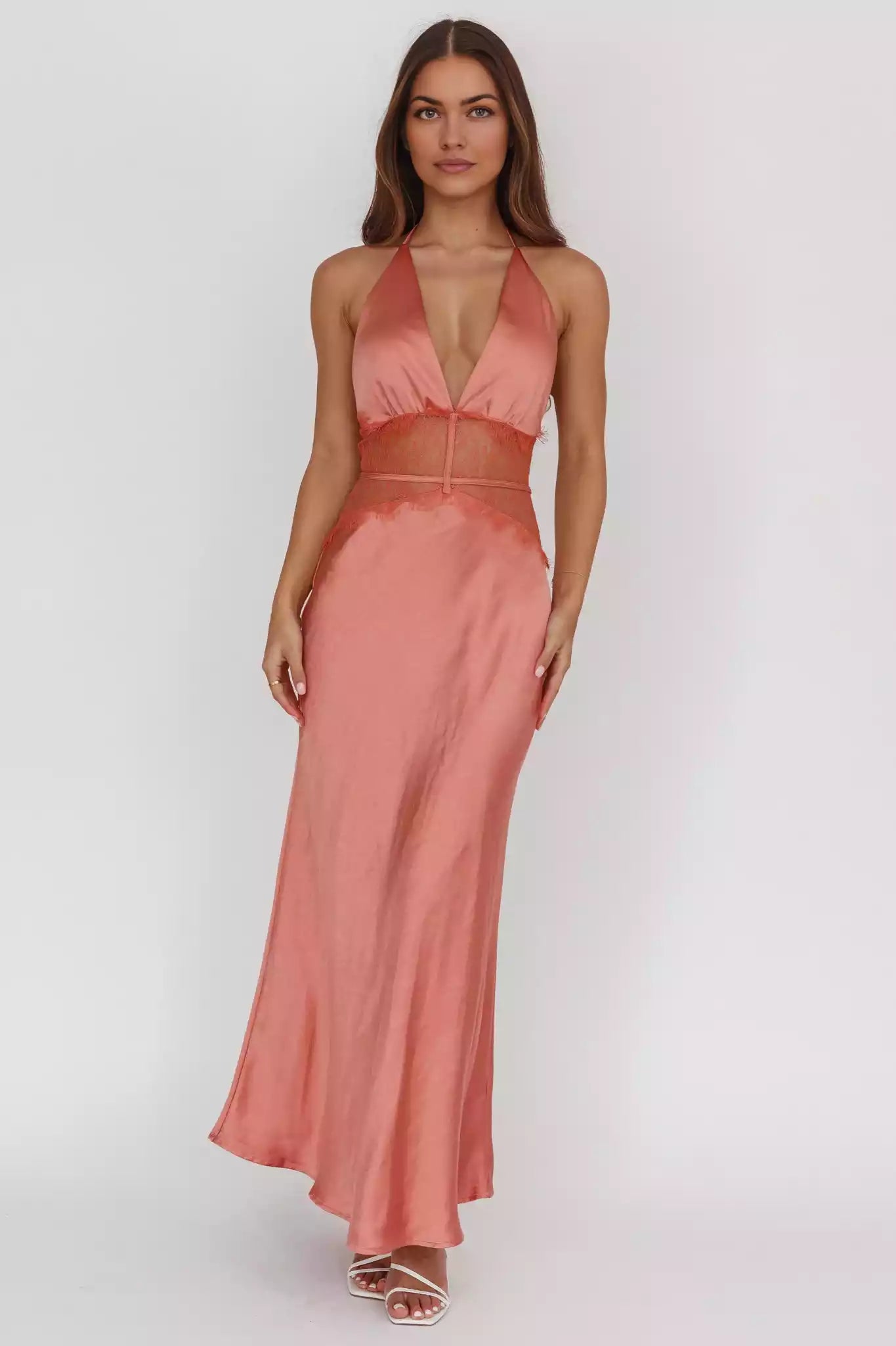 Gorgeous satin extra long lace front leg slit backless back zipper Bridesmaid Dresses