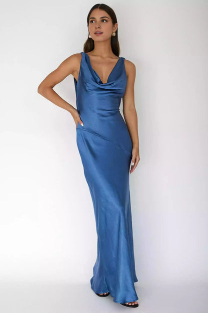 Gorgeous satin extra long scarf collar, backless lace up, invisible side zipper, unlined Bridesmaid Dresses