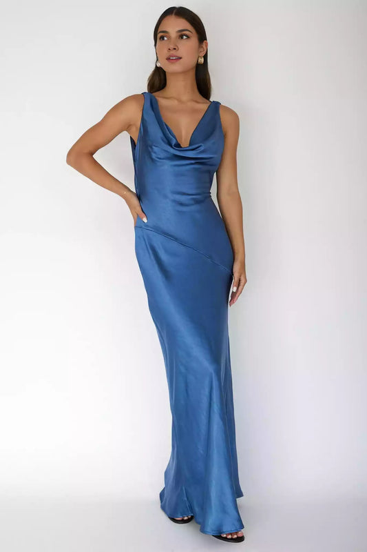 Gorgeous satin extra long scarf collar, backless lace up, invisible side zipper, unlined Bridesmaid Dresses