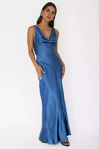 Gorgeous satin extra long scarf collar, backless lace up, invisible side zipper, unlined Bridesmaid Dresses