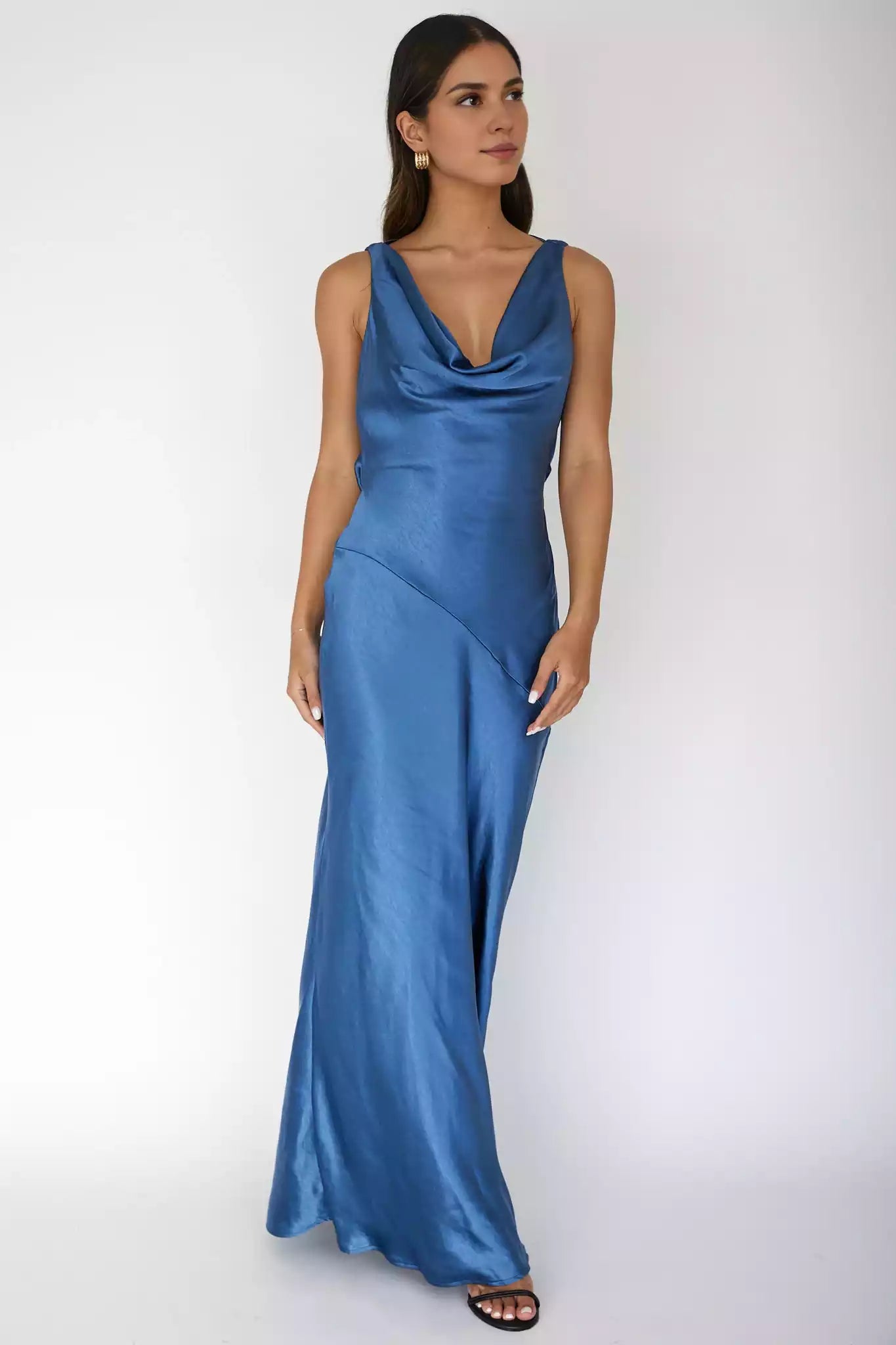 Gorgeous satin extra long scarf collar, backless lace up, invisible side zipper, unlined Bridesmaid Dresses