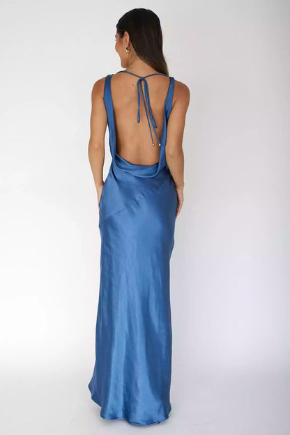Gorgeous satin extra long scarf collar, backless lace up, invisible side zipper, unlined Bridesmaid Dresses