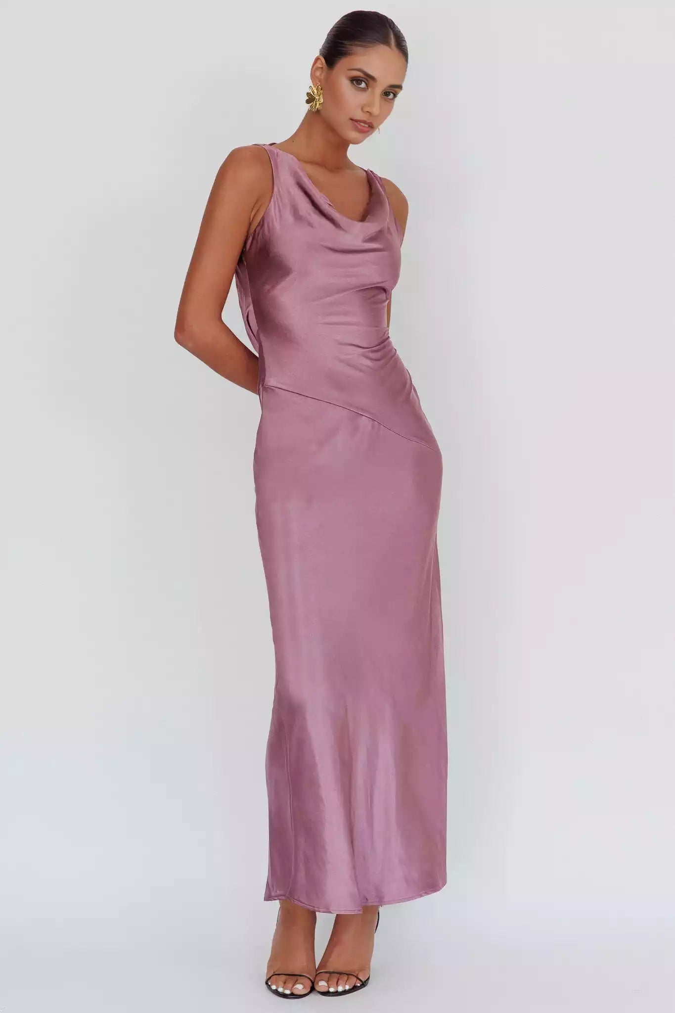 Gorgeous satin extra long scarf collar, backless lace up, unlined invisible side zipper Prom Dresses