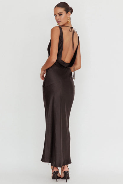 Gorgeous satin extra long scarf collar backless lace up bridesmaid dress