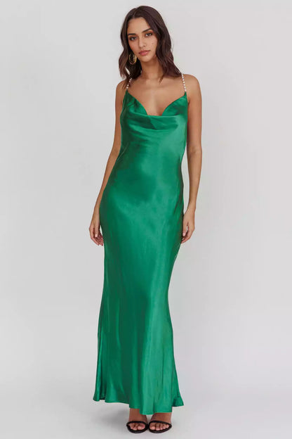 Gorgeous satin extra long scarf collar with crossed shoulder straps, backless and unlined Bridesmaid Dresses