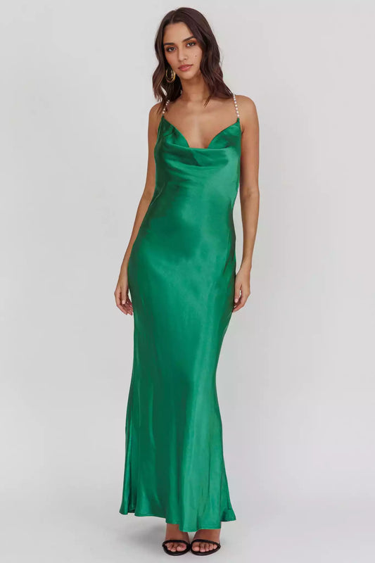 Gorgeous satin extra long scarf collar with crossed shoulder straps, backless and unlined Bridesmaid Dresses