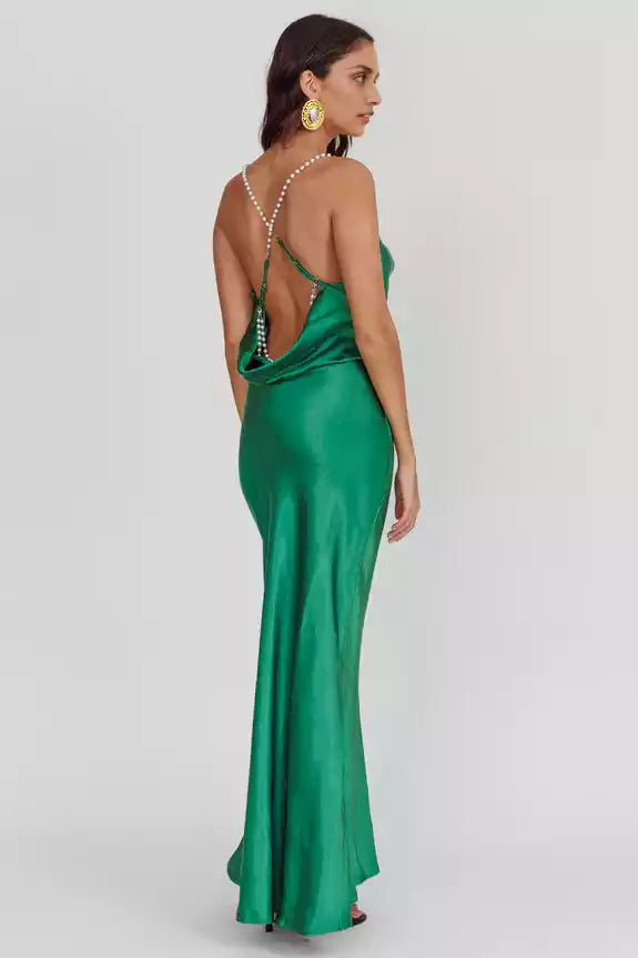 Gorgeous satin extra long scarf collar with crossed shoulder straps, backless and unlined Bridesmaid Dresses