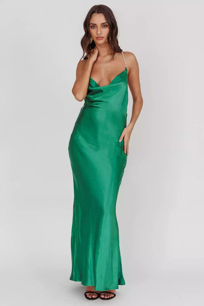Gorgeous satin extra long scarf collar with crossed shoulder straps, backless and unlined Bridesmaid Dresses