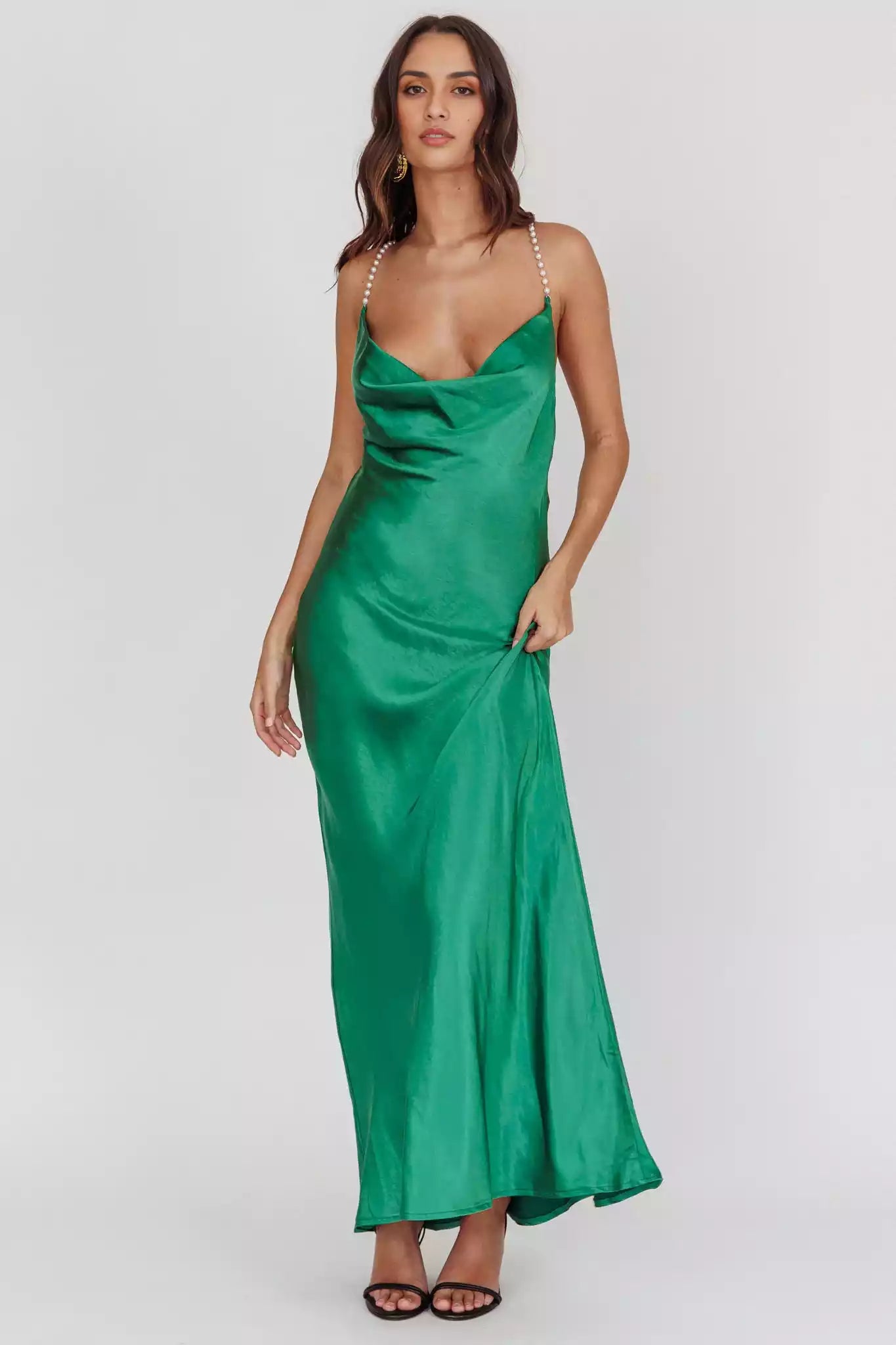 Gorgeous satin extra long scarf collar with crossed shoulder straps, backless and unlined Bridesmaid Dresses