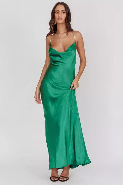 Gorgeous satin extra long scarf collar with crossed shoulder straps, backless and unlined Bridesmaid Dresses