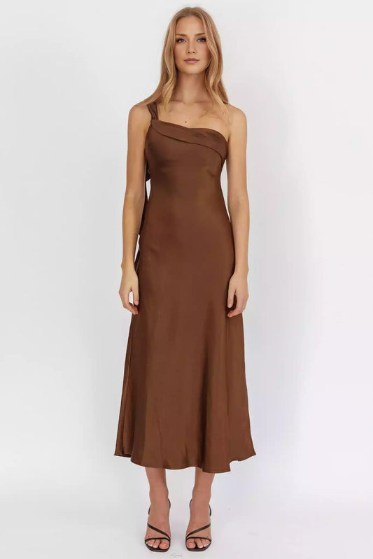 Gorgeous satin extra long single shoulder strap with ruffled edges, unlined, invisible side zipper Prom Dresses