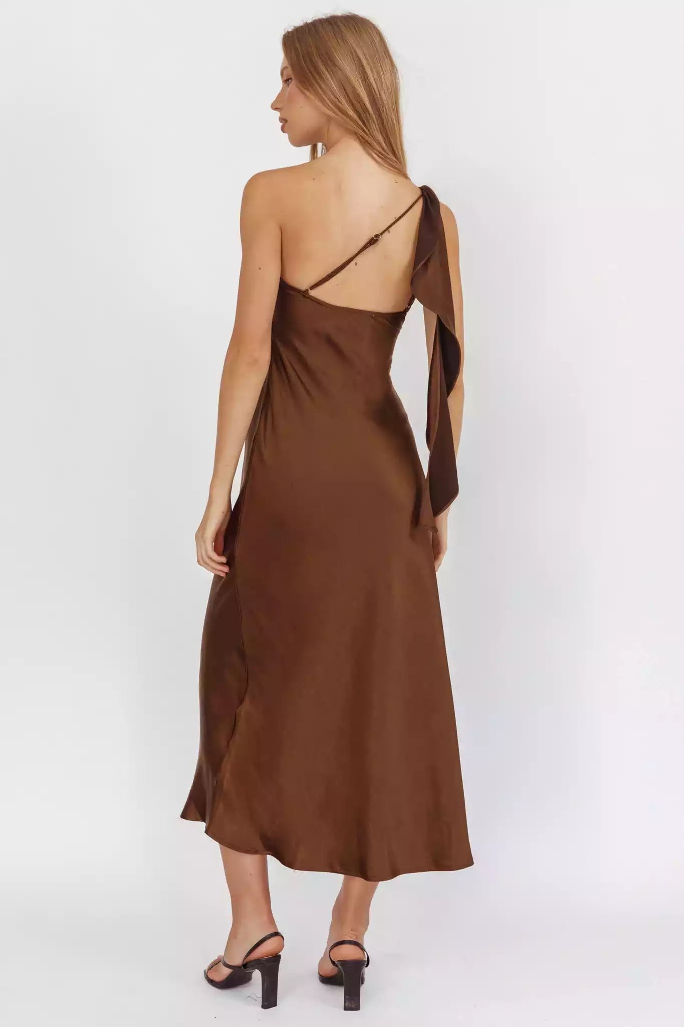 Gorgeous satin extra long single shoulder strap with ruffled edges, unlined, invisible side zipper Prom Dresses