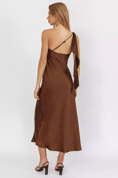 Gorgeous satin extra long single shoulder strap with ruffled edges, unlined, invisible side zipper Prom Dresses