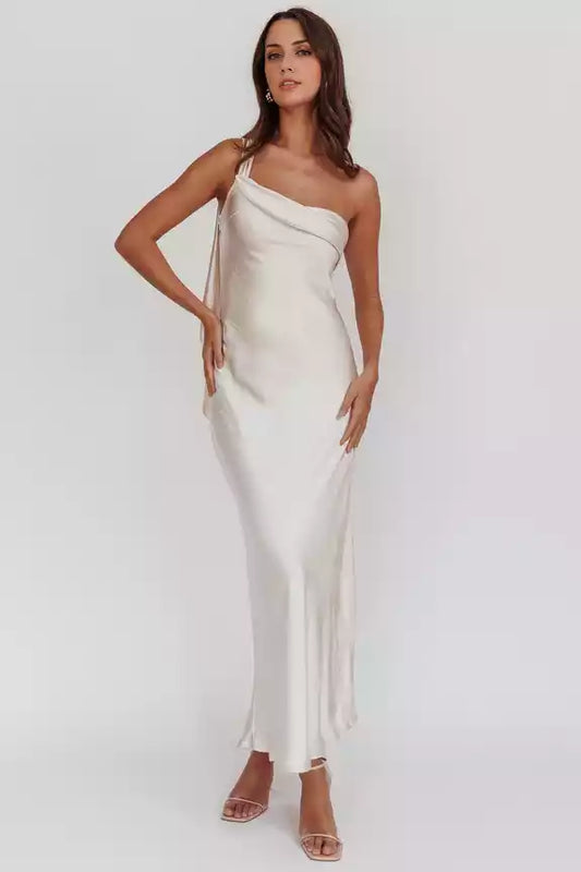 Gorgeous satin extra long single shoulder strap with ruffled edges, unlined, invisible side zipper Prom Dresses