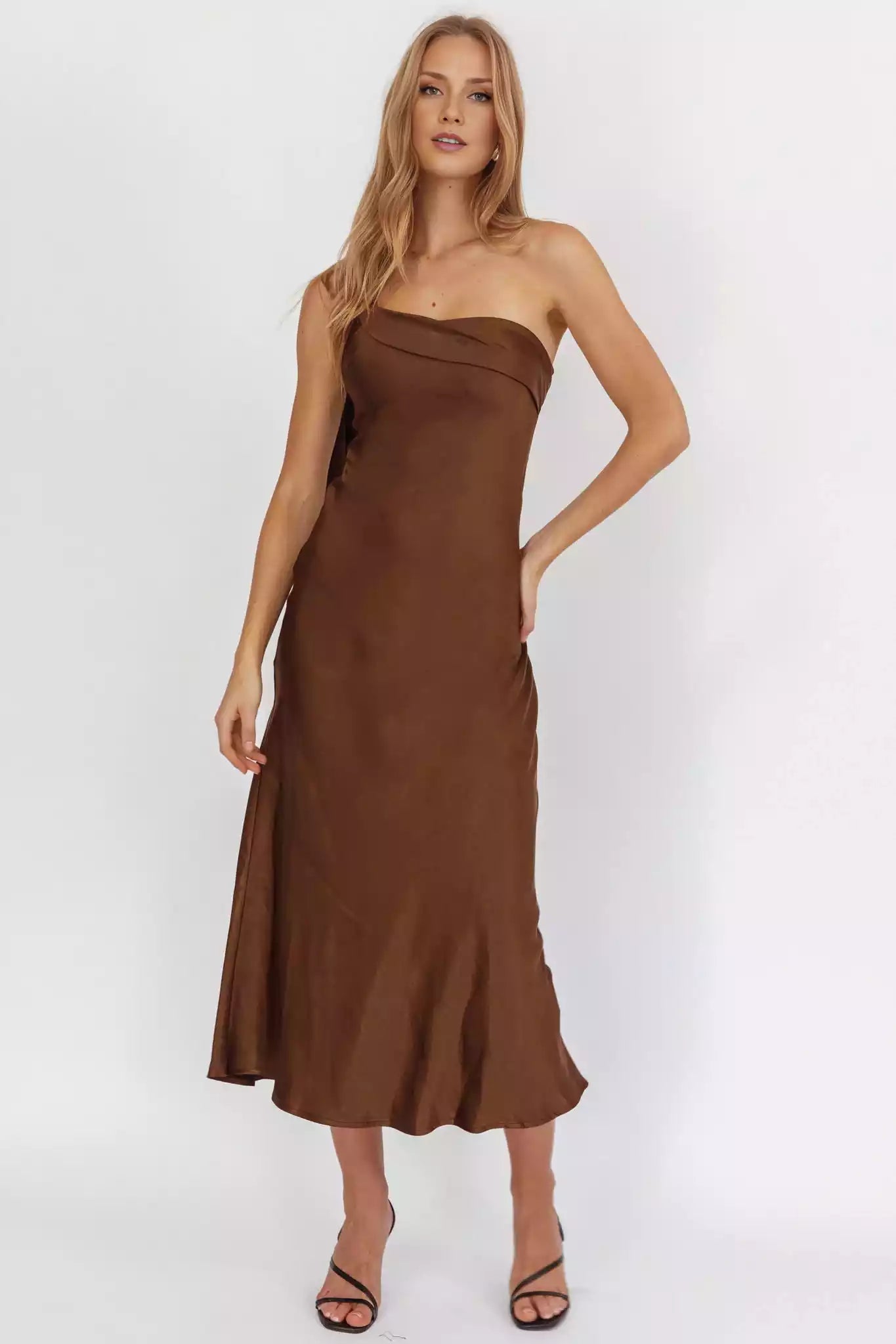 Gorgeous satin extra long single shoulder strap with ruffled edges, unlined, invisible side zipper Prom Dresses