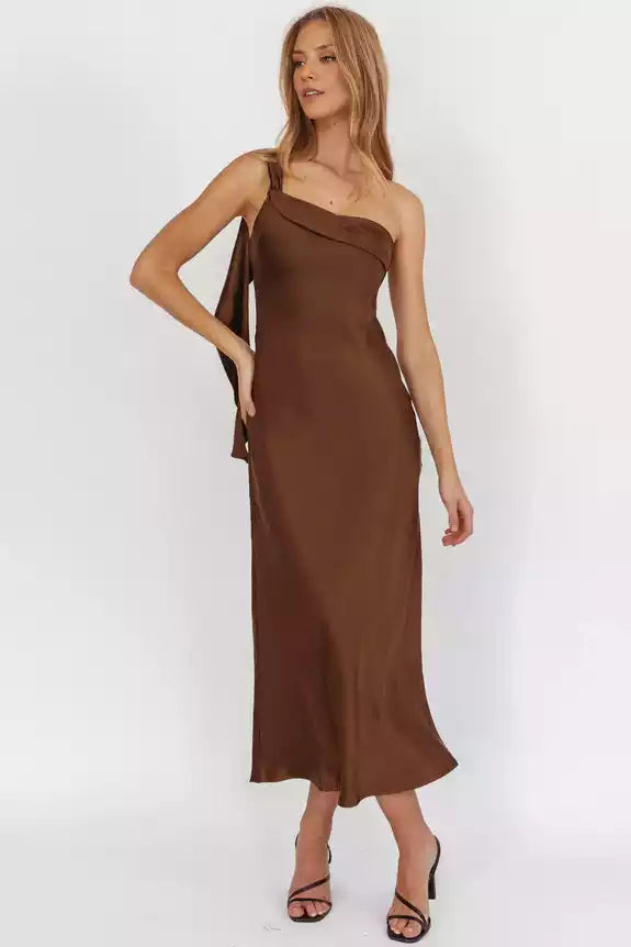 Gorgeous satin extra long single shoulder strap with ruffled edges, unlined, invisible side zipper Prom Dresses
