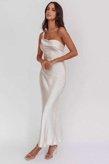 Gorgeous satin extra long single shoulder strap with ruffled edges, unlined, invisible side zipper Prom Dresses