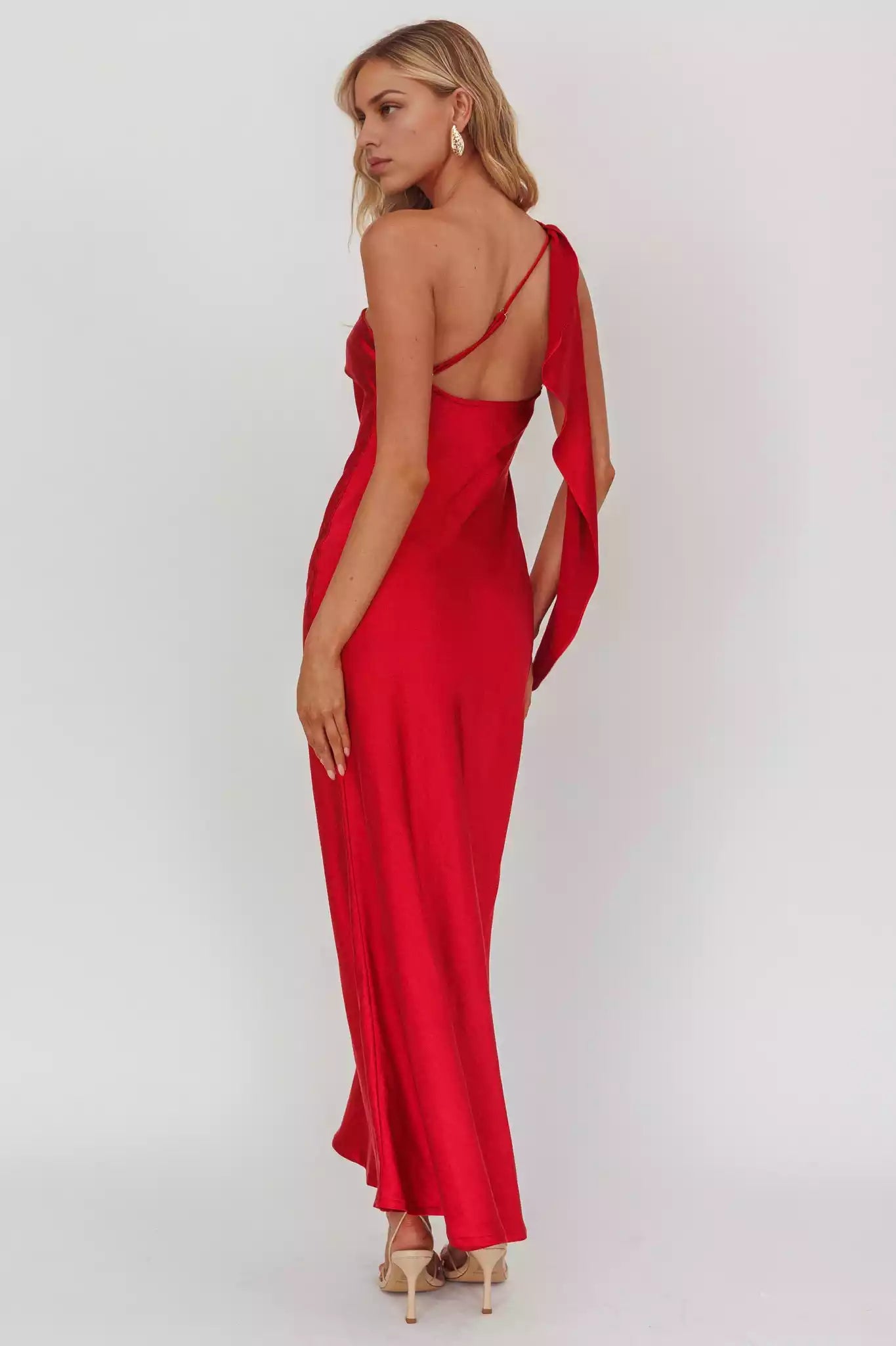 Gorgeous satin extra long single shoulder strap with ruffled edges, unlined, invisible side zipper, Bridesmaid Dresses