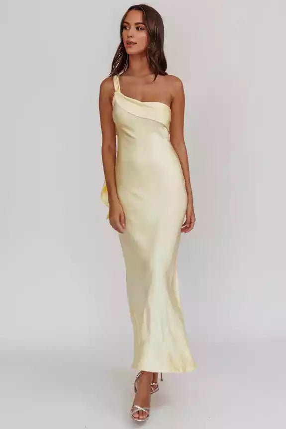 Gorgeous satin extra long single shoulder strap with ruffled edges, unlined, invisible side zipper, Bridesmaid Dresses