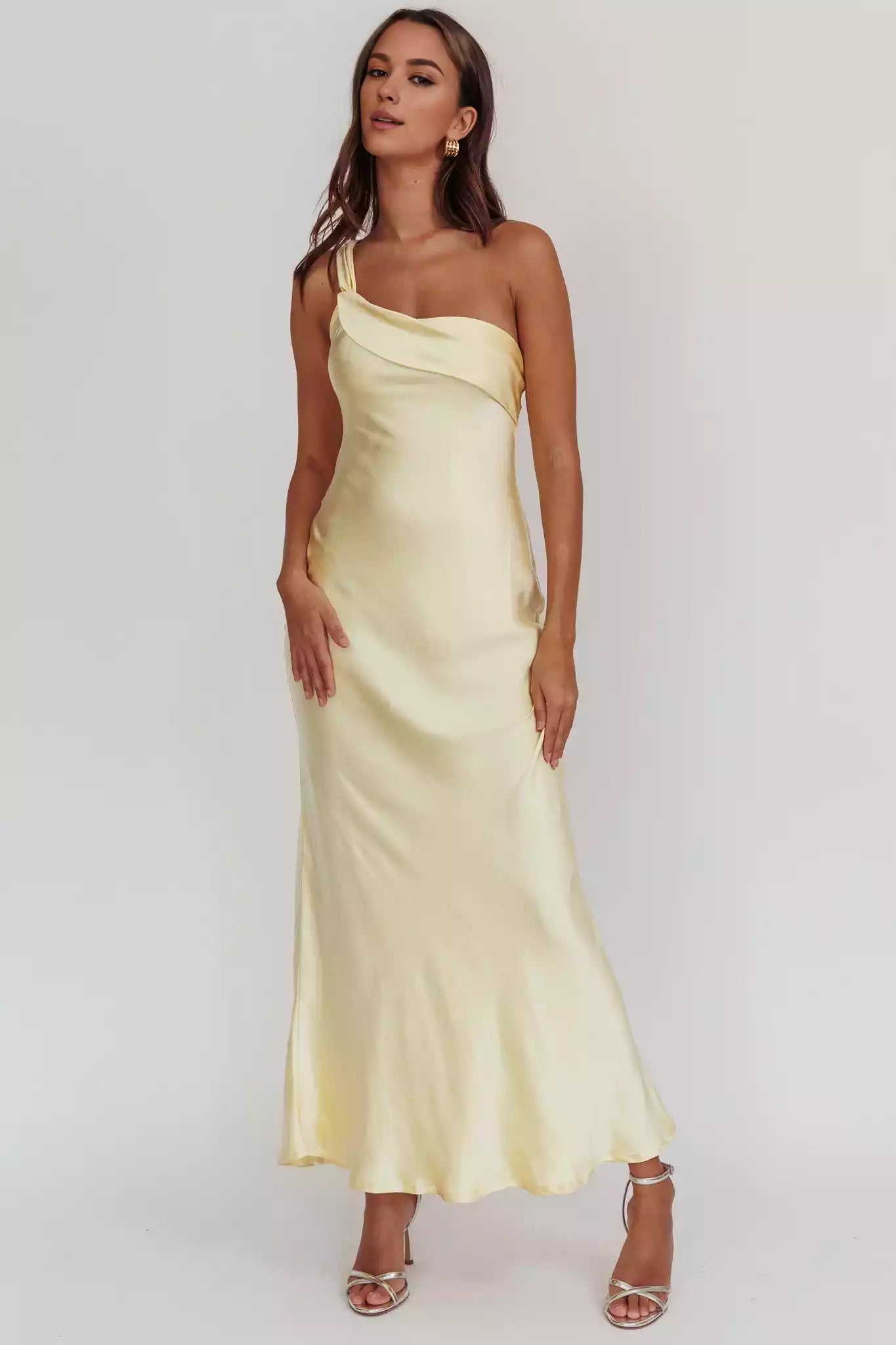 Gorgeous satin extra long single shoulder strap with ruffled edges, unlined, invisible side zipper, Bridesmaid Dresses
