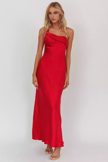 Gorgeous satin extra long single shoulder strap with ruffled edges, unlined, invisible side zipper, Bridesmaid Dresses