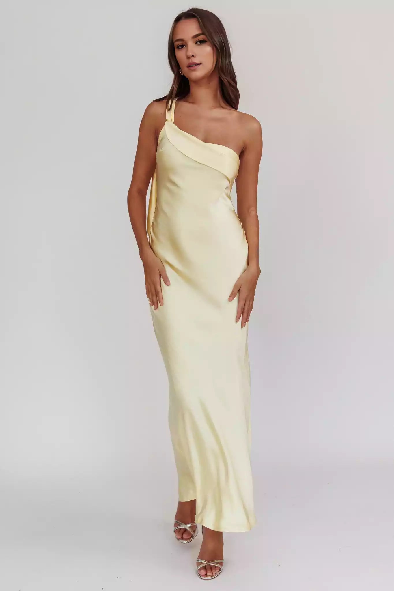Gorgeous satin extra long single shoulder strap with ruffled edges, unlined, invisible side zipper, Bridesmaid Dresses