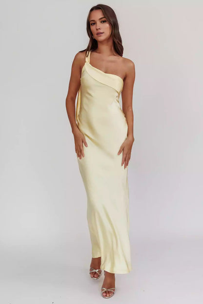 Gorgeous satin extra long single shoulder strap with ruffled edges, unlined, invisible side zipper, Bridesmaid Dresses