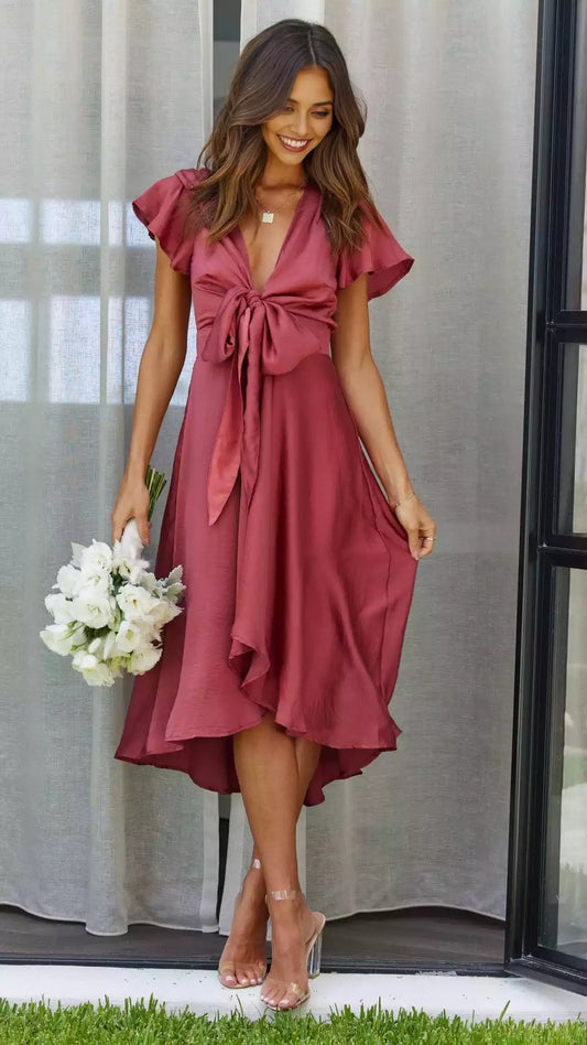 Gorgeous satin flowing skirt with hidden zipper at the back, high and low skirt lining Prom Dresses