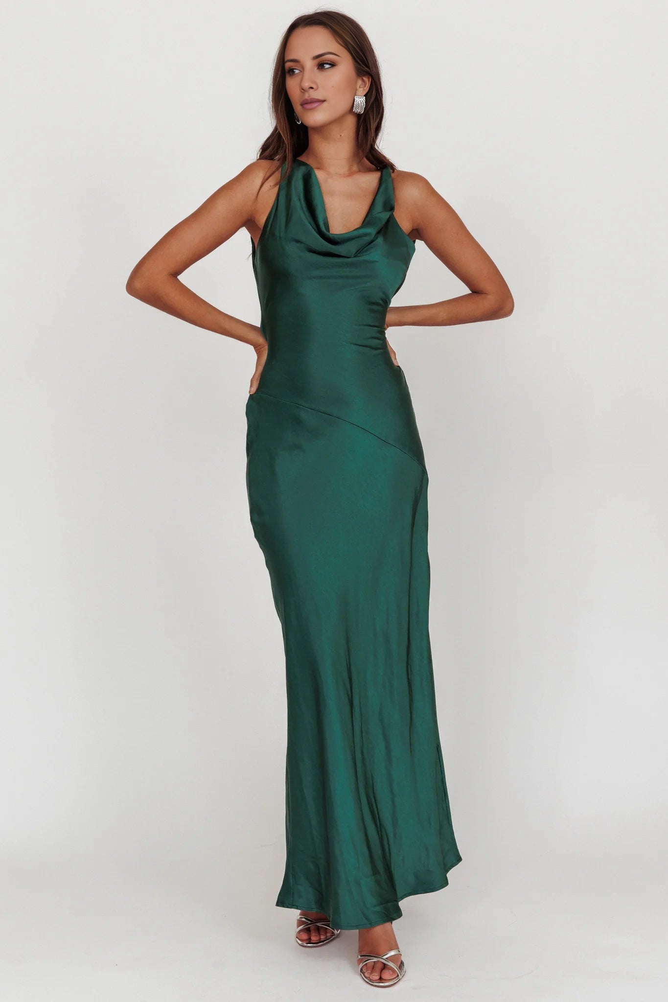Gorgeous satin long backless scarf collar with hidden side zipper bridesmaid dress
