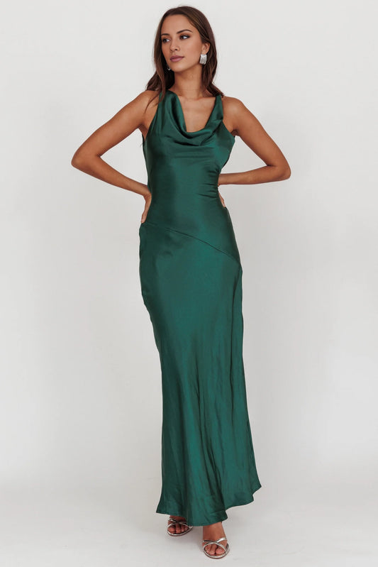 Gorgeous satin long backless scarf collar with hidden side zipper bridesmaid dress