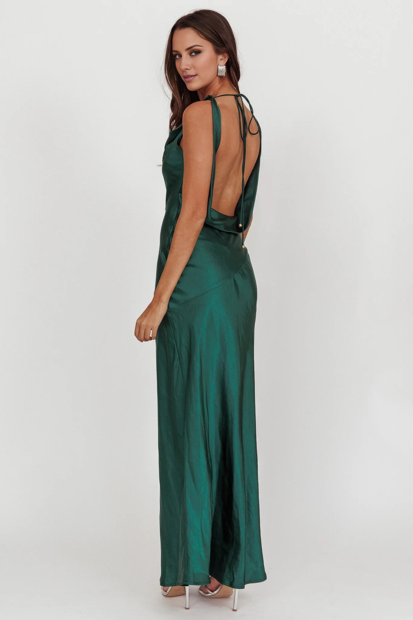 Gorgeous satin long backless scarf collar with hidden side zipper bridesmaid dress