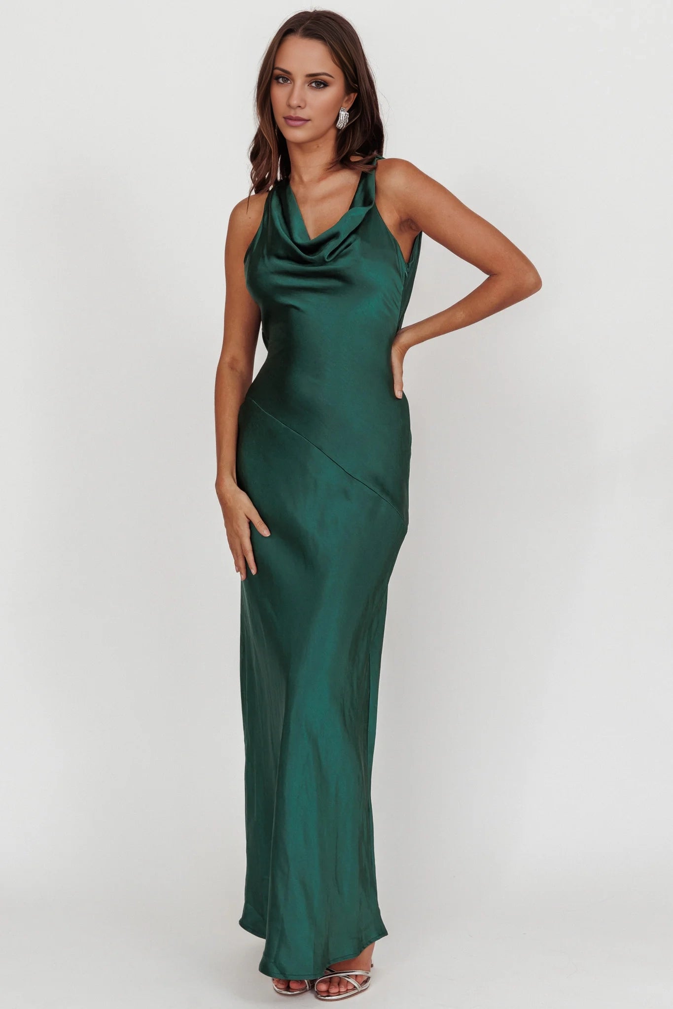 Gorgeous satin long backless scarf collar with hidden side zipper bridesmaid dress