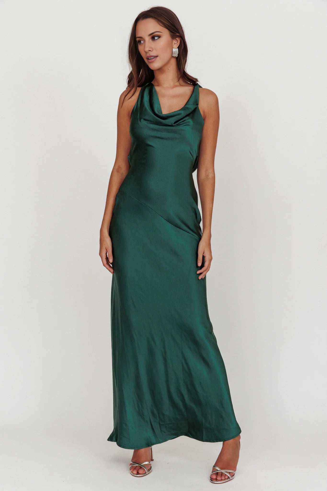 Gorgeous satin long backless scarf collar with hidden side zipper bridesmaid dress
