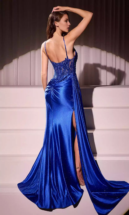 Gorgeous satin long chiffon embroidered lace corset with pleated sides and high slits Prom Dresses