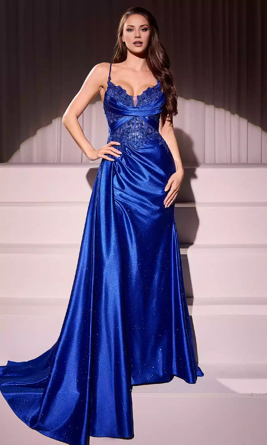 Gorgeous satin long chiffon embroidered lace corset with pleated sides and high slits Prom Dresses