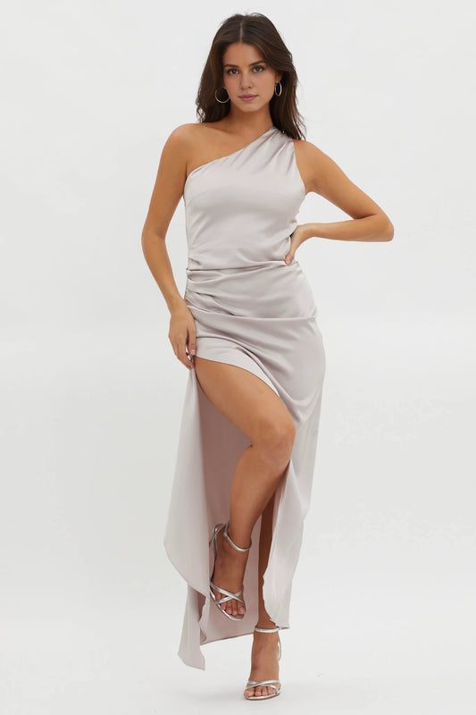 Gorgeous satin mid length half lined adjustable shoulder straps high slit bridesmaid dress