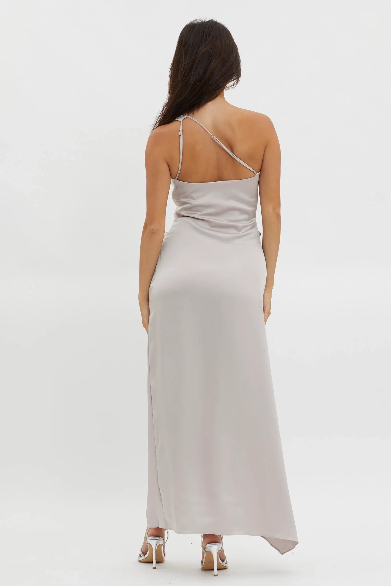 Gorgeous satin mid length half lined adjustable shoulder straps high slit bridesmaid dress