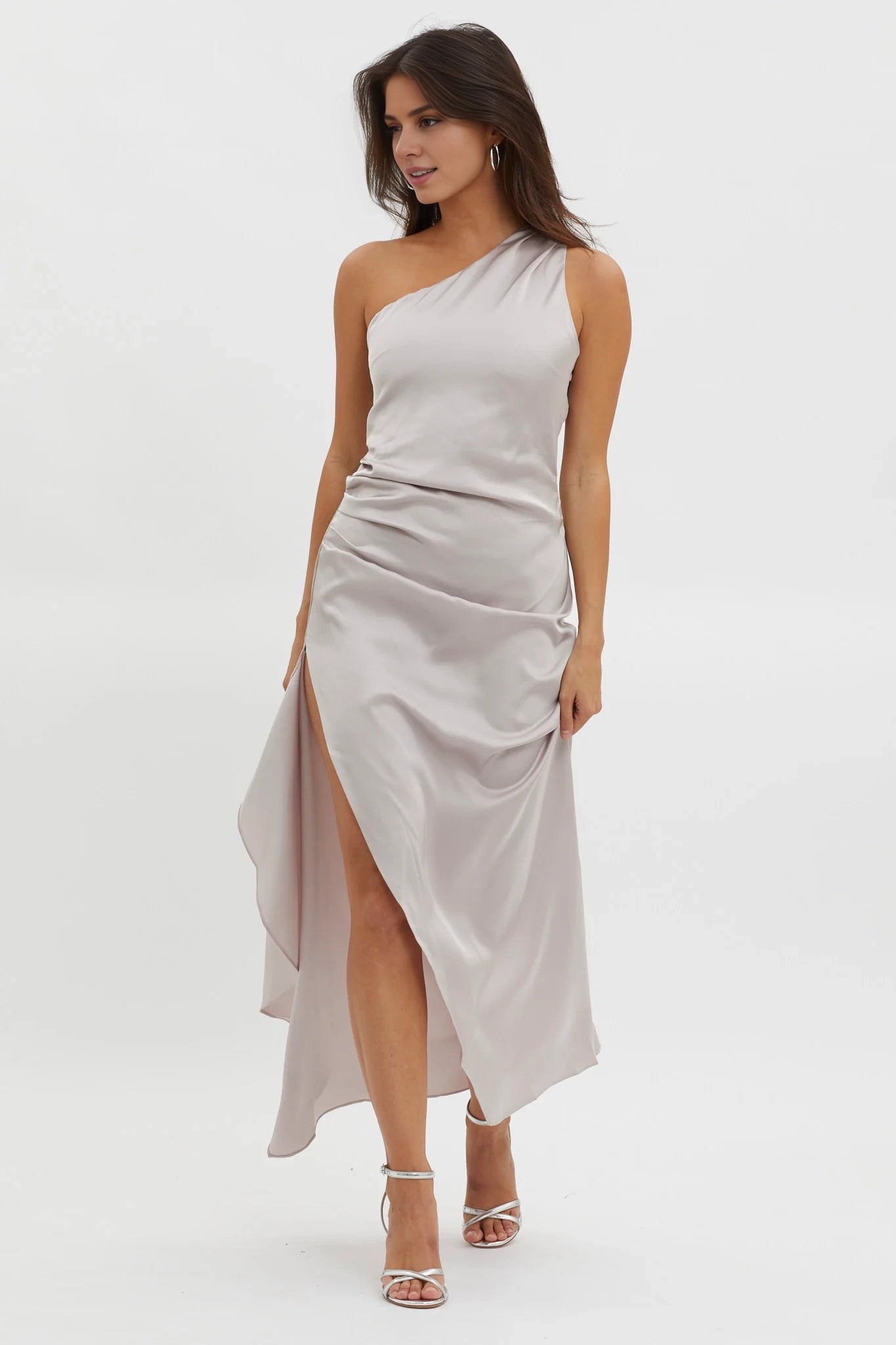 Gorgeous satin mid length half lined adjustable shoulder straps high slit bridesmaid dress