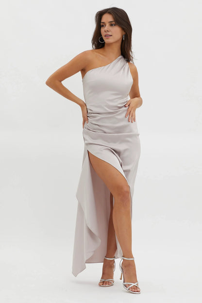 Gorgeous satin mid length half lined adjustable shoulder straps high slit bridesmaid dress