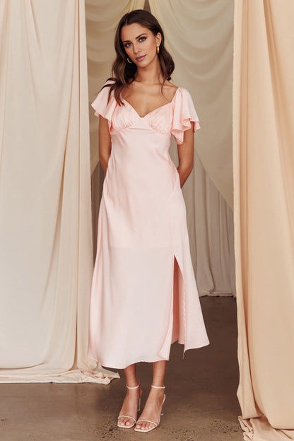 Gorgeous satin ruffle sleeves with side slits, medium length bridesmaid dress