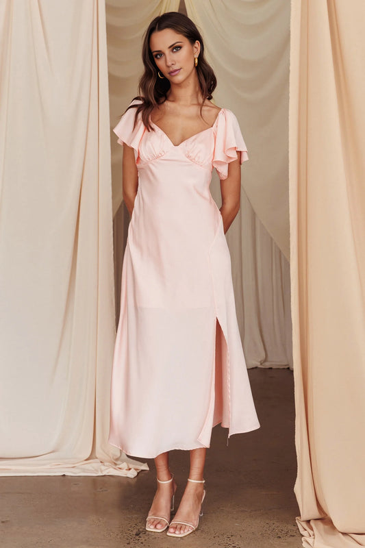 Gorgeous satin ruffle sleeves with side slits, medium length bridesmaid dress