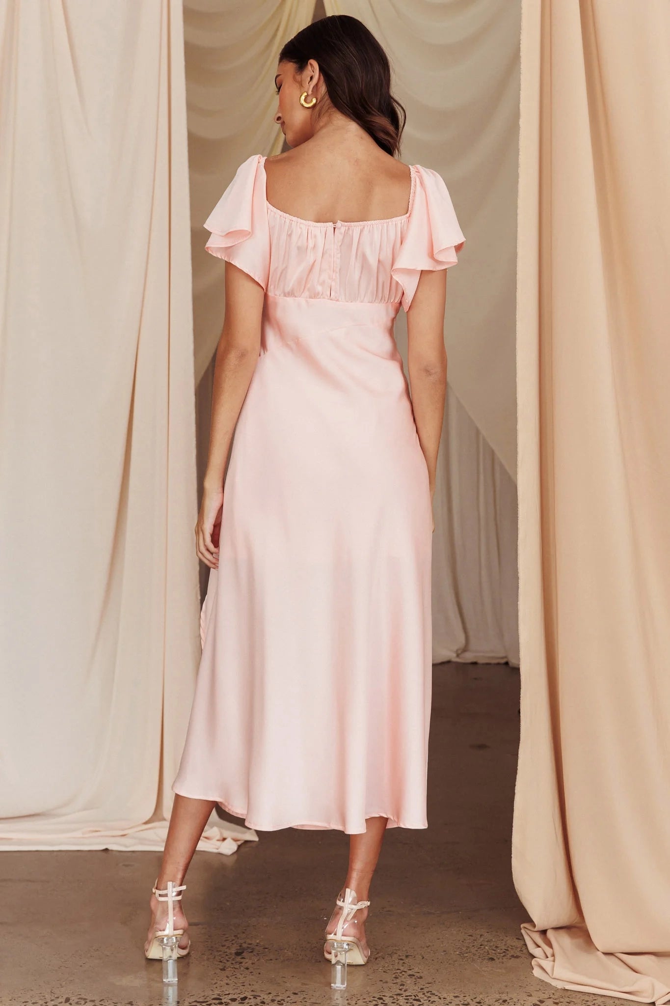 Gorgeous satin ruffle sleeves with side slits, medium length bridesmaid dress