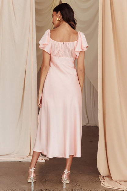 Gorgeous satin ruffle sleeves with side slits, medium length bridesmaid dress