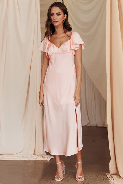 Gorgeous satin ruffle sleeves with side slits, medium length bridesmaid dress