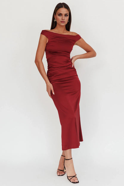 Gorgeous satin side detail side zipper off shoulder bridesmaid dress